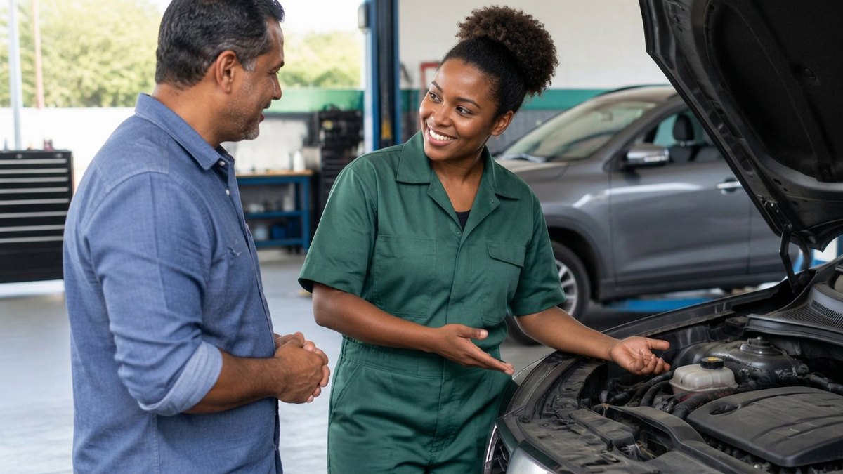Na prática, Automotivo com CRM automotivo: Mecânica explicando o atendimento de um carro a um cliente em uma oficina organizada.