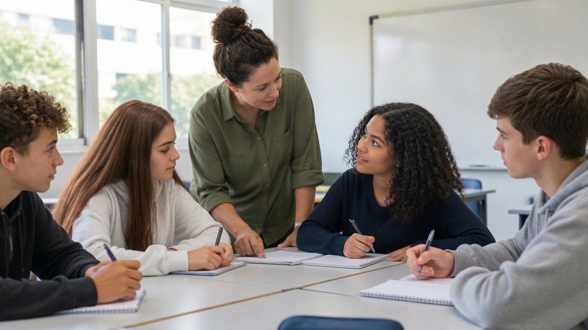 Na prática, Educação com Central de conhecimento escolar: Professora acompanhando estudantes em uma atividade em grupo numa sala de aula iluminada.