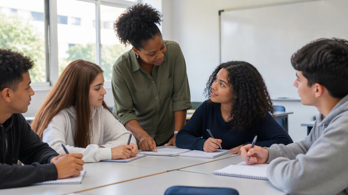 Na prática, Educação com CRM escolar: Professora acompanhando estudantes em uma atividade em grupo numa sala de aula iluminada.