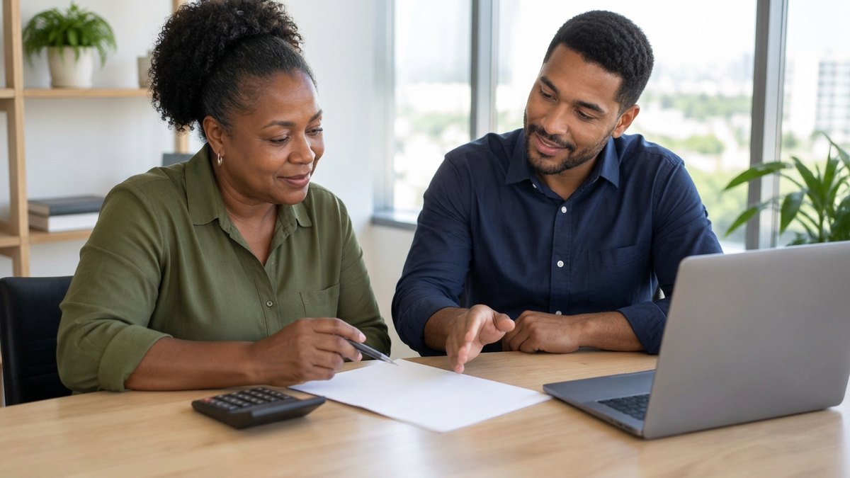 Na prática, Finanças com Precificador inteligente: Dona de negócio e consultor financeiro analisando documentos com calculadora e notebook.
