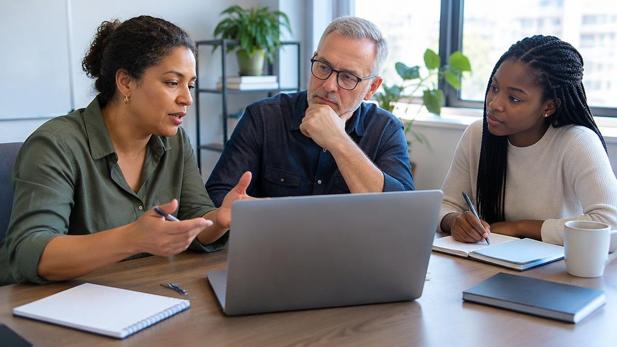 Na prática, Gestão com DBX Draw: Três profissionais planejando o trabalho da equipe ao redor de uma mesa com notebook.
