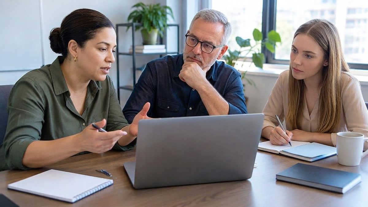 Na prática, Gestão com Gestão de consultoria: Três profissionais planejando o trabalho da equipe ao redor de uma mesa com notebook.