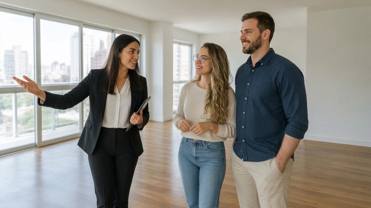 Na prática, Imobiliário com Lisa Imobiliária: Corretora apresentando um apartamento claro e espaçoso a um casal.