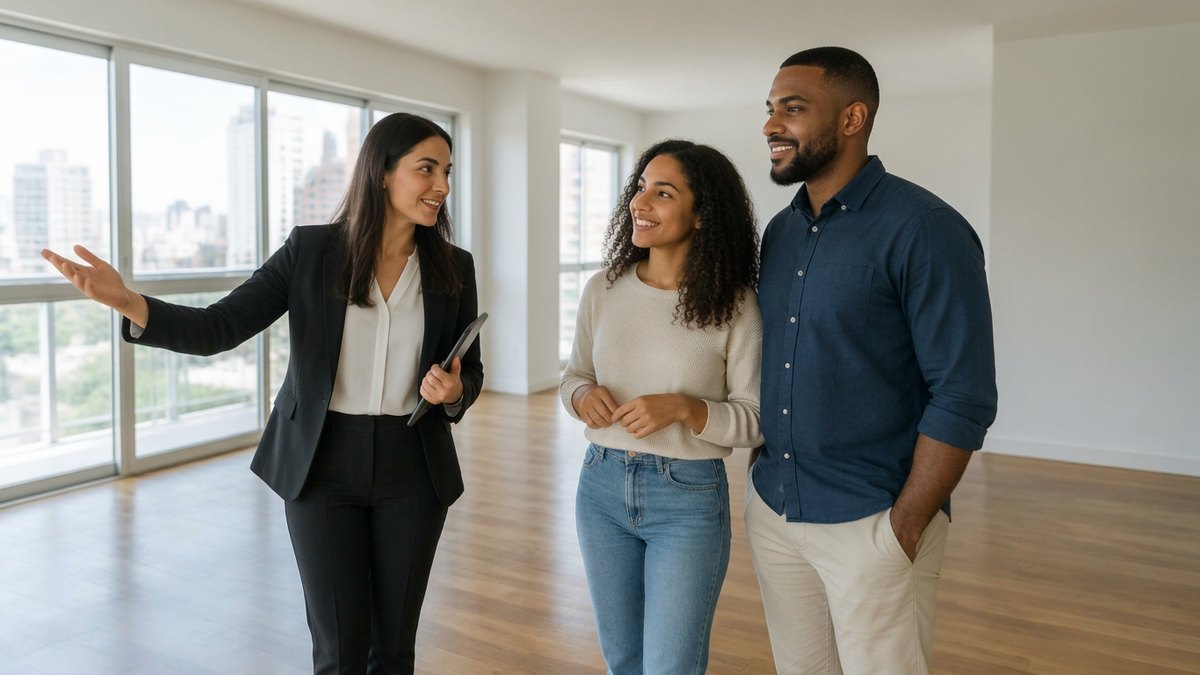 Na prática, Imobiliário com Lisa Talks Imobiliária: Corretora apresentando um apartamento claro e espaçoso a um casal.