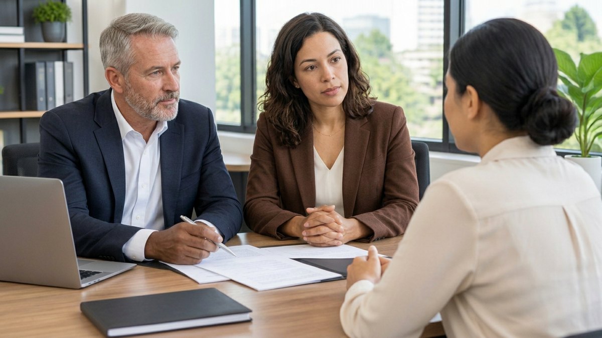 Na prática, Jurídico e contábil com Peticionamento com IA: Profissionais de escritório jurídico e contábil orientando uma cliente em uma reunião.