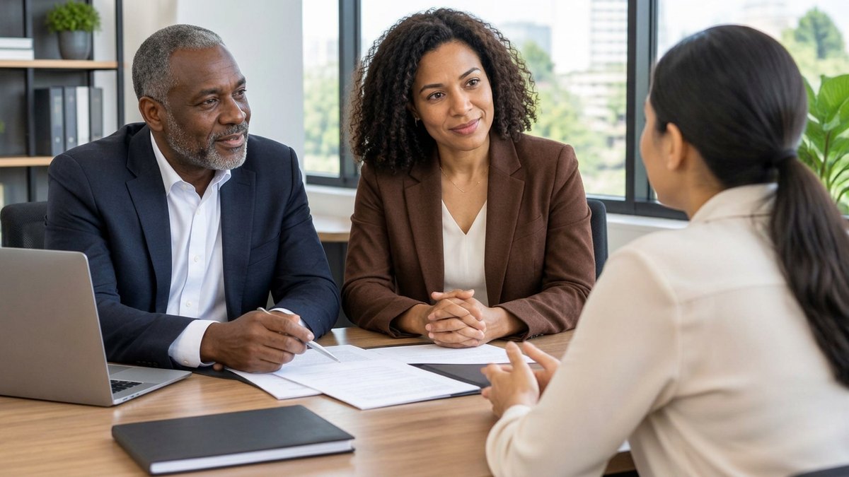 Na prática, Jurídico e contábil com Assistente de propostas e contratos: Profissionais de escritório jurídico e contábil orientando uma cliente em uma reunião.