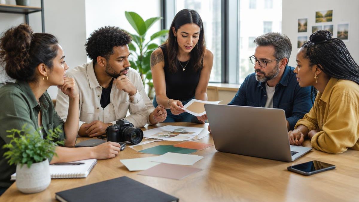 Na prática, Marketing com Gestor de Google Ads: Equipe de marketing reunida à mesa com câmera, notebook e amostras de cores.