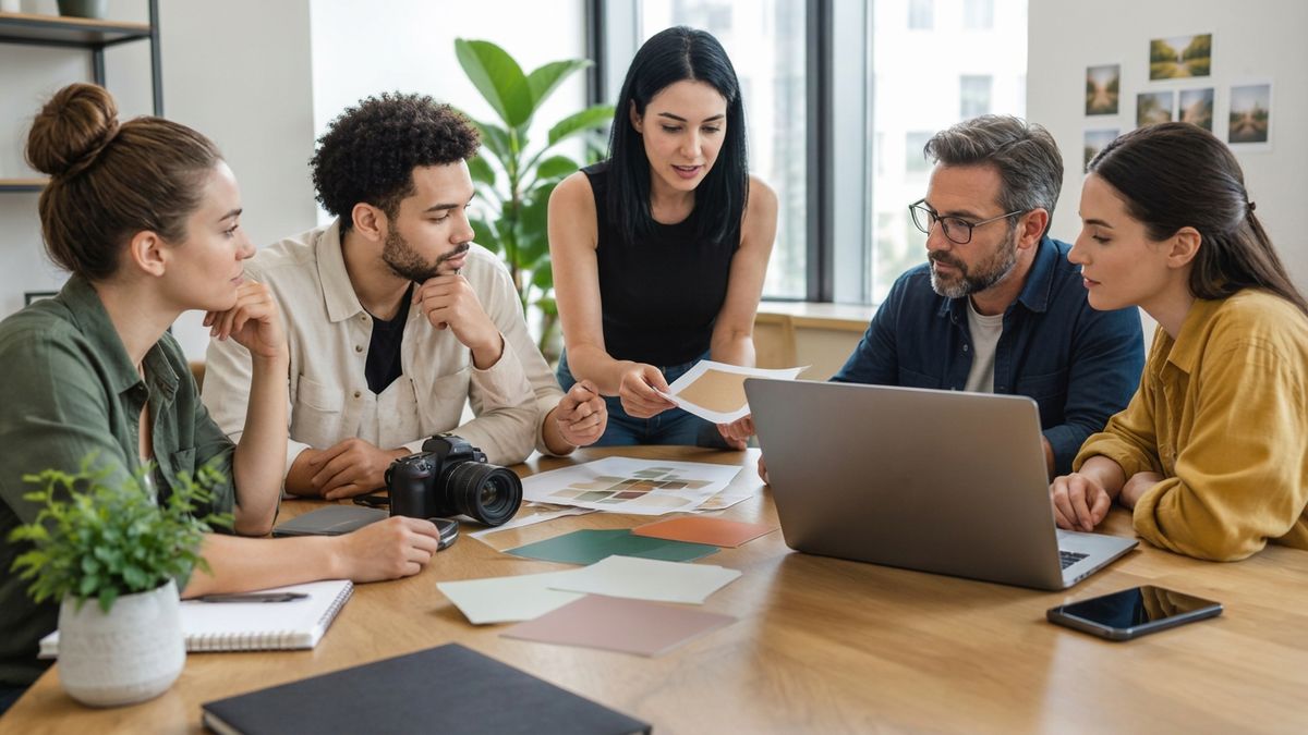 Na prática, Marketing com LinkedIn automatizado: Equipe de marketing reunida à mesa com câmera, notebook e amostras de cores.