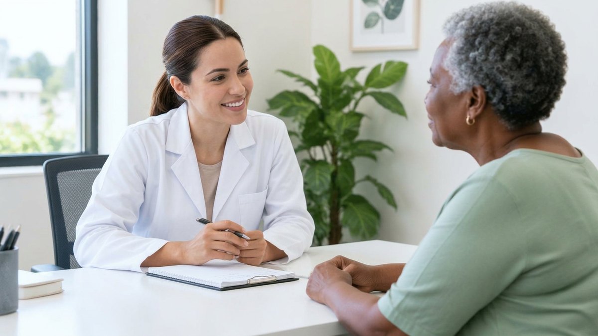 Na prática, Saúde e beleza com Lisa Saúde: Profissional de saúde conversando com uma paciente idosa em um consultório acolhedor.