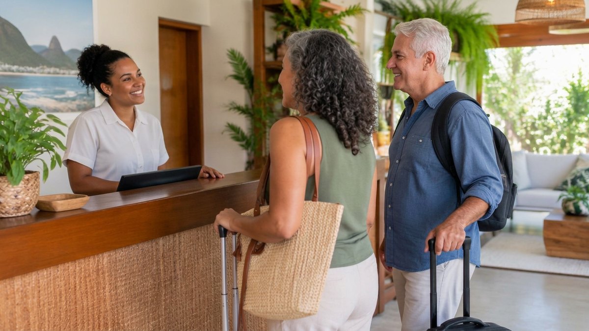Na prática, Turismo e hotelaria com Lisa Turismo: Recepcionista de hotel recebendo um casal de hóspedes com malas em um ambiente acolhedor.
