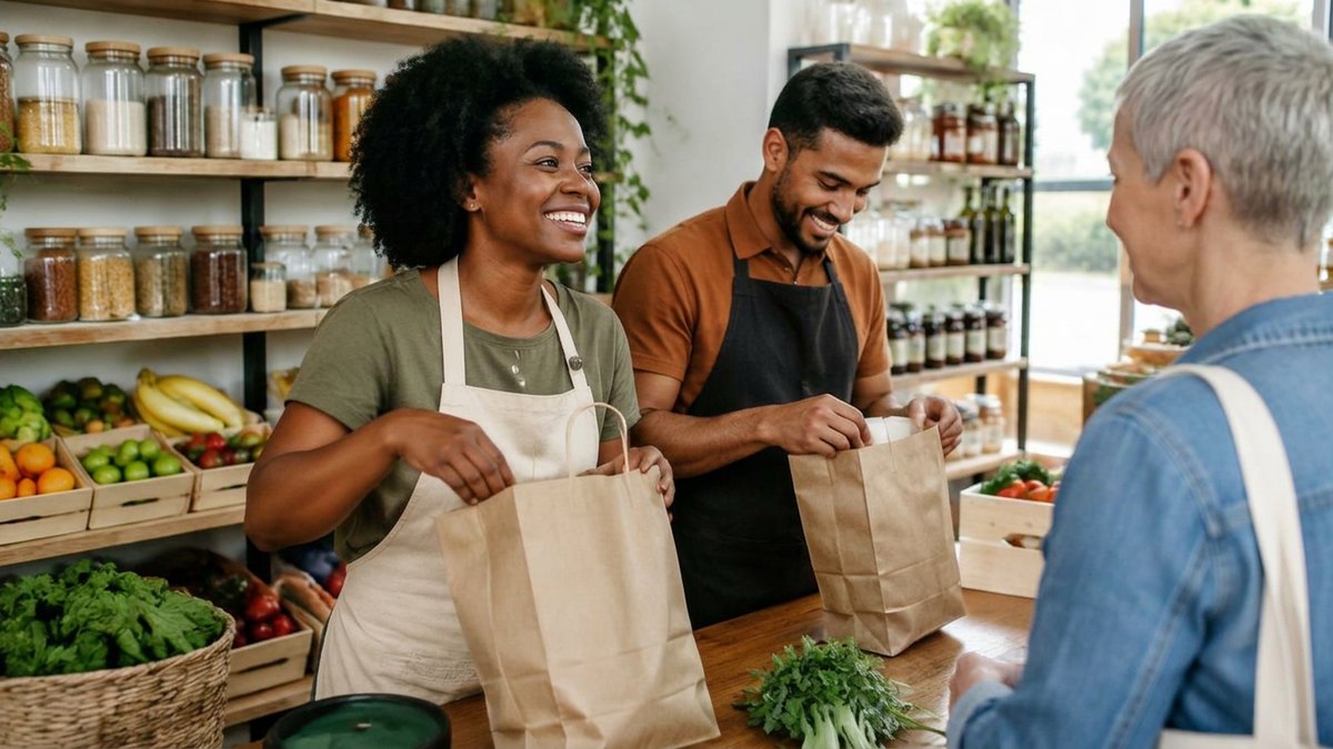 Na prática, Varejo e alimentação com CRM para e-commerce: Equipe de um comércio de alimentos embalando pedidos em sacolas de papel e atendendo uma cliente.