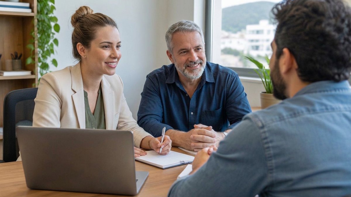 Na prática, Vendas com Lisa Atendimento com funil: Equipe comercial conversando com um cliente em um escritório iluminado pela luz natural.