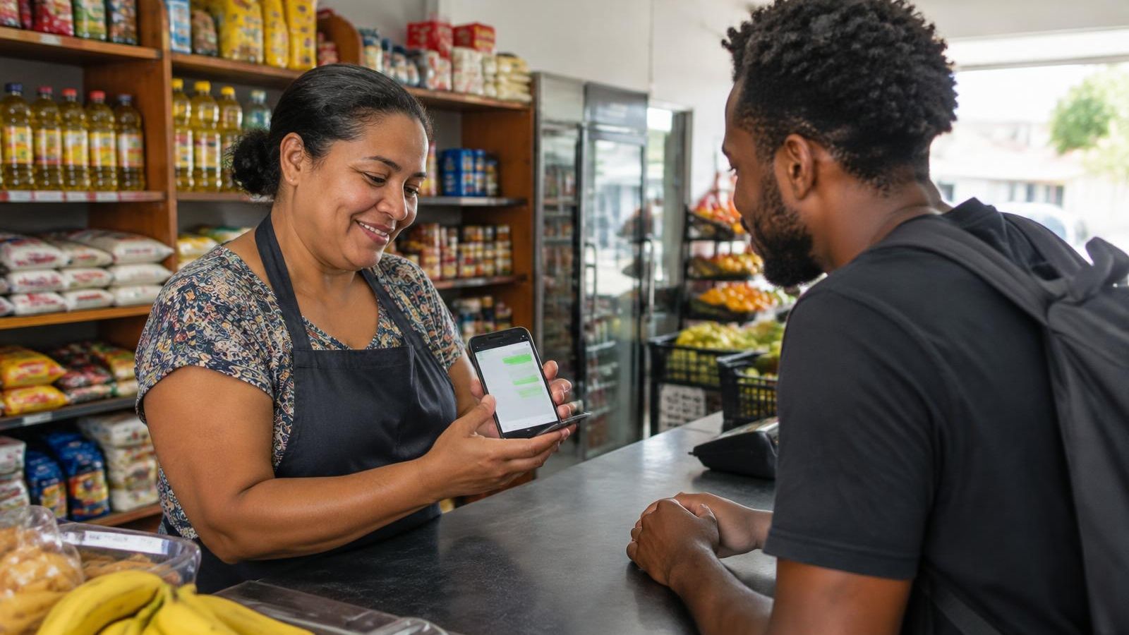 Atendimento no WhatsApp: dona de comércio de bairro atende um cliente no balcão enquanto responde uma conversa no celular.
