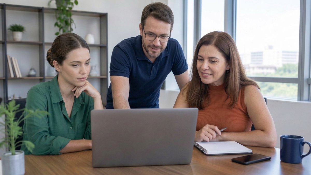 Organização da rotina: pequena equipe planejando o trabalho diante de um notebook em um escritório claro.