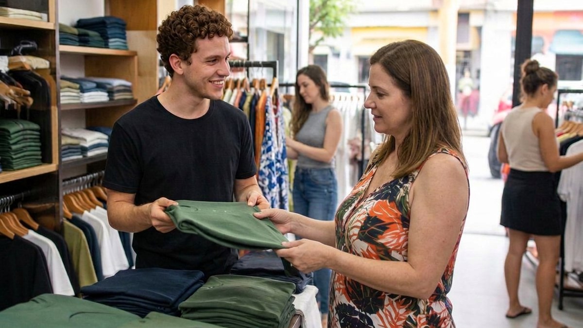 Vendas no varejo: atendente ajudando uma cliente a escolher uma camiseta em uma loja de roupas.