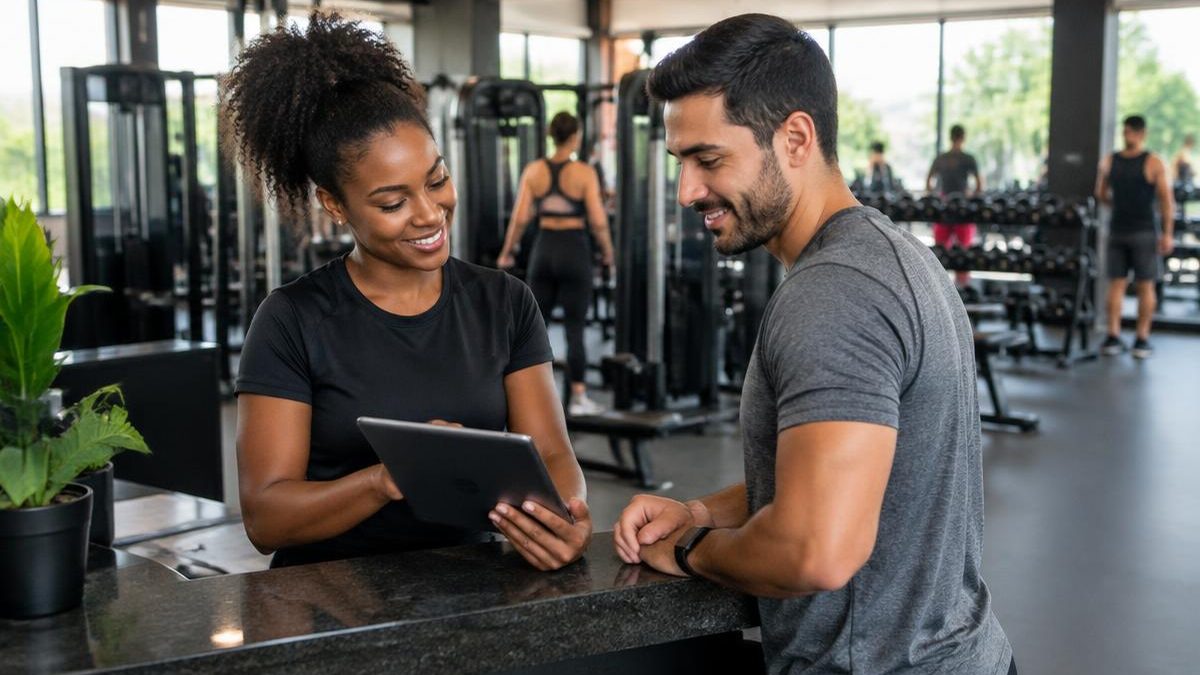 Na prática, Saúde e beleza com CRM para academias: Atendente e aluno consultando um tablet na recepção de uma academia, com aparelhos de exercícios ao fundo.
