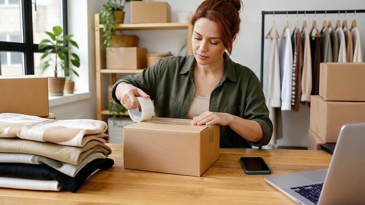 Na prática, Varejo e alimentação com Lisa E-commerce: Empreendedora embalando pedidos de loja virtual em uma bancada com caixas, fita e celular ao lado.