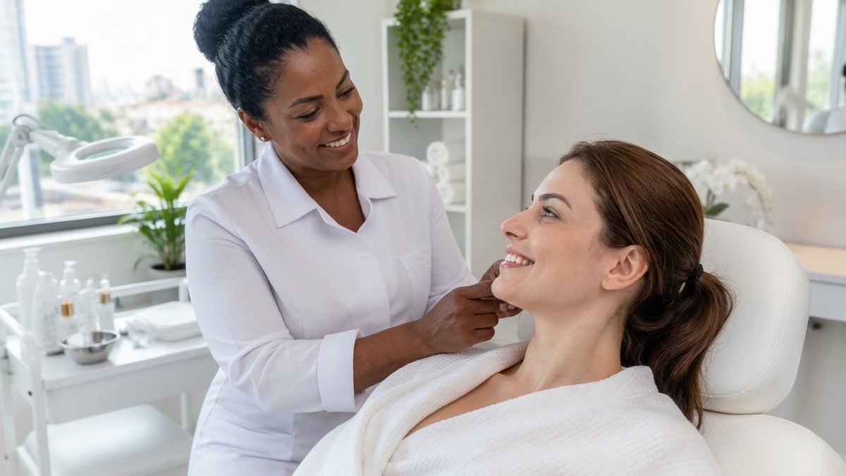Na prática, Saúde e beleza com Lisa Estética e Beleza: Profissional atendendo uma cliente com um sorriso natural em uma clínica de estética iluminada.