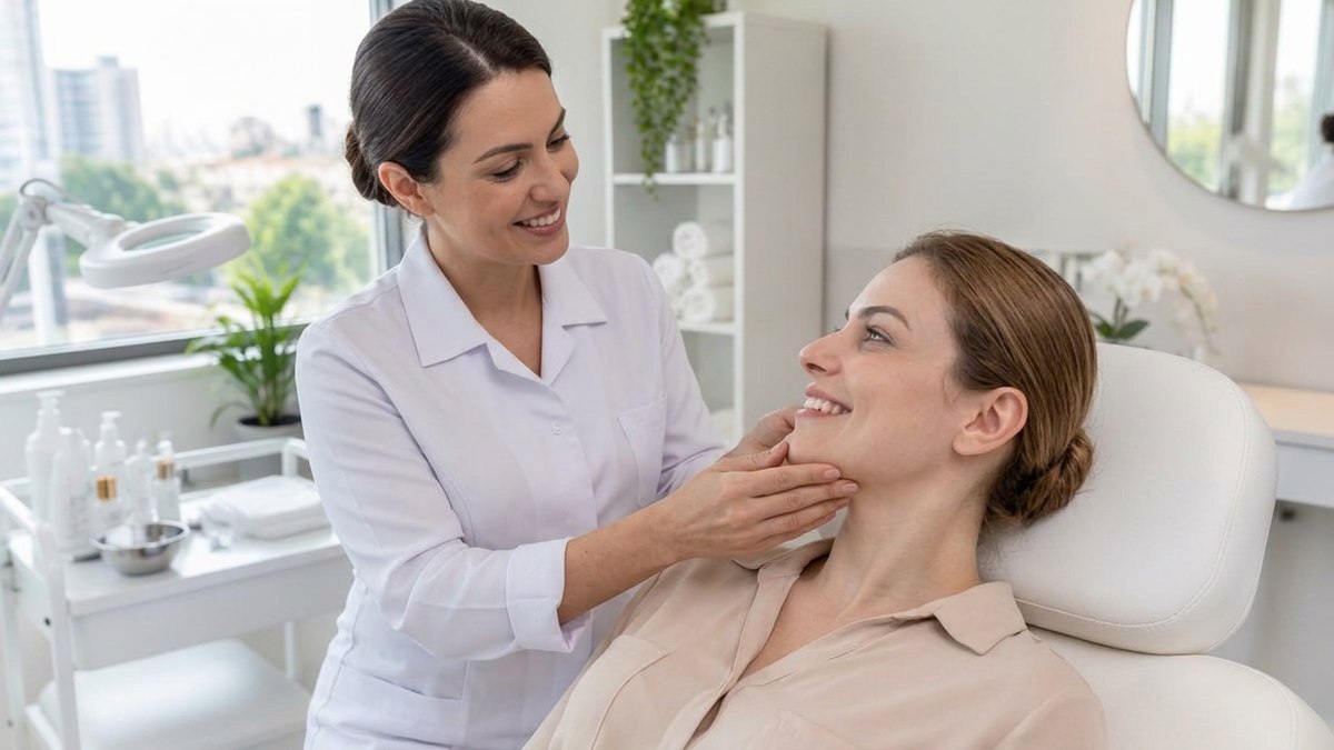 Na prática, Saúde e beleza com Lisa Estética e Beleza: Profissional atendendo uma cliente com um sorriso natural em uma clínica de estética iluminada.